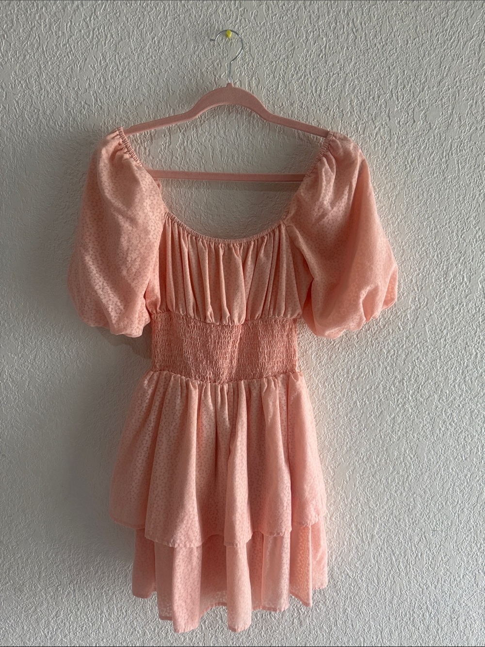 Peasant-Sleeve Smocked Waist Mini Dress - Peach